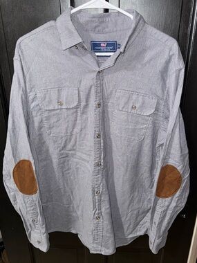 Vineyard Vines Light Gray Button-Down Shirt with Brown Elbow Patches